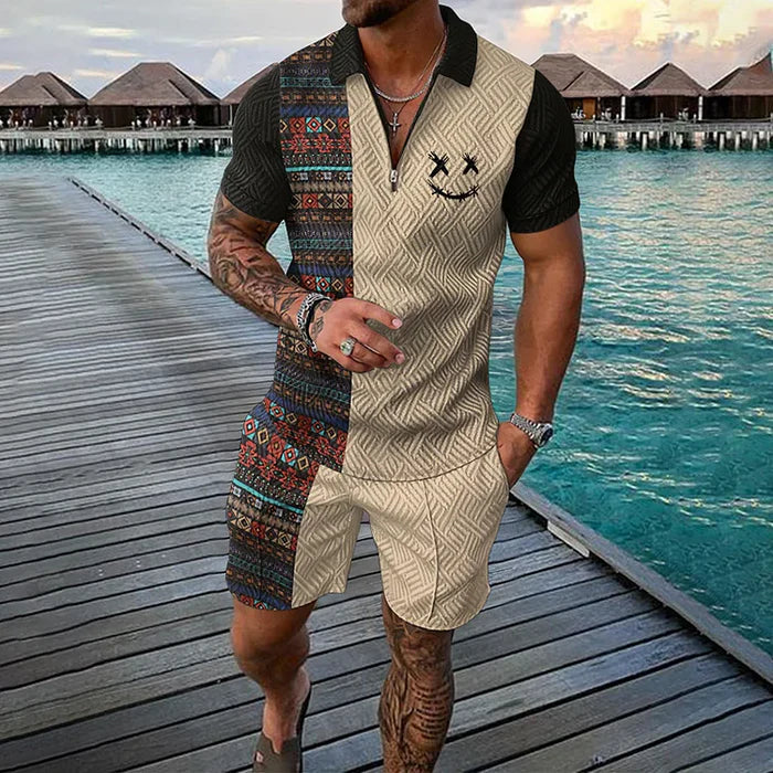 Mannen | Patchwork poloshirt met rits en bijpassende broek