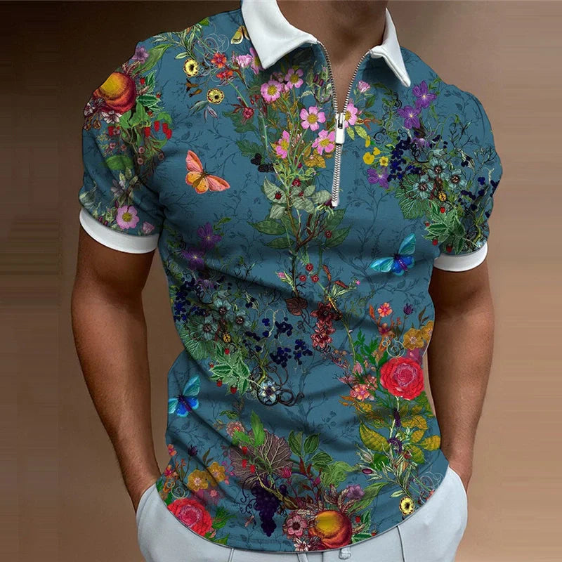 Mannen | Poloshirt met bloemmotief en ritssluiting aan de hals