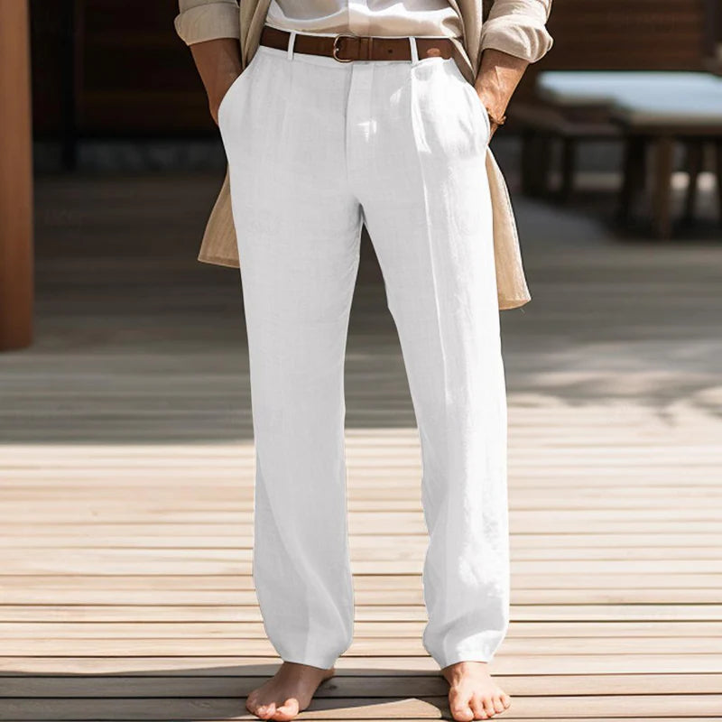 Mannen | Klassieke linnen broek met knoopsluiting